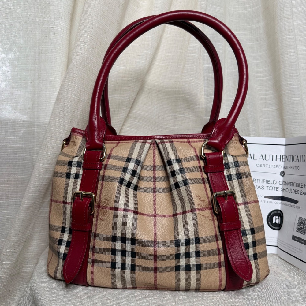 Burberry Northfield Tote Bag Haymarket Coated Canvas Red Leather Trim‎ Check